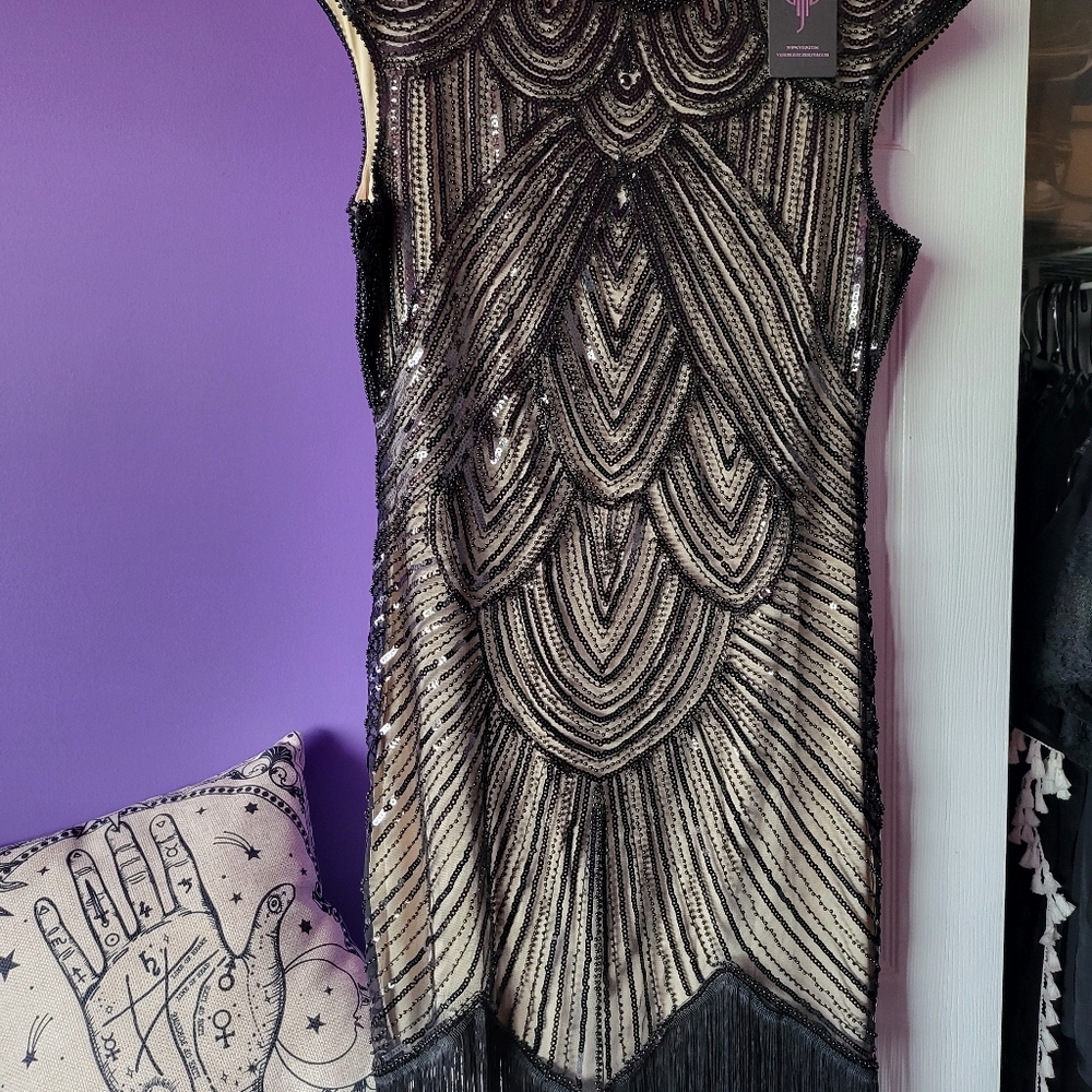 Women's 1920s Vintage Embellished Sequin Beaded Flapper Evening Dress Lrge 12-14
